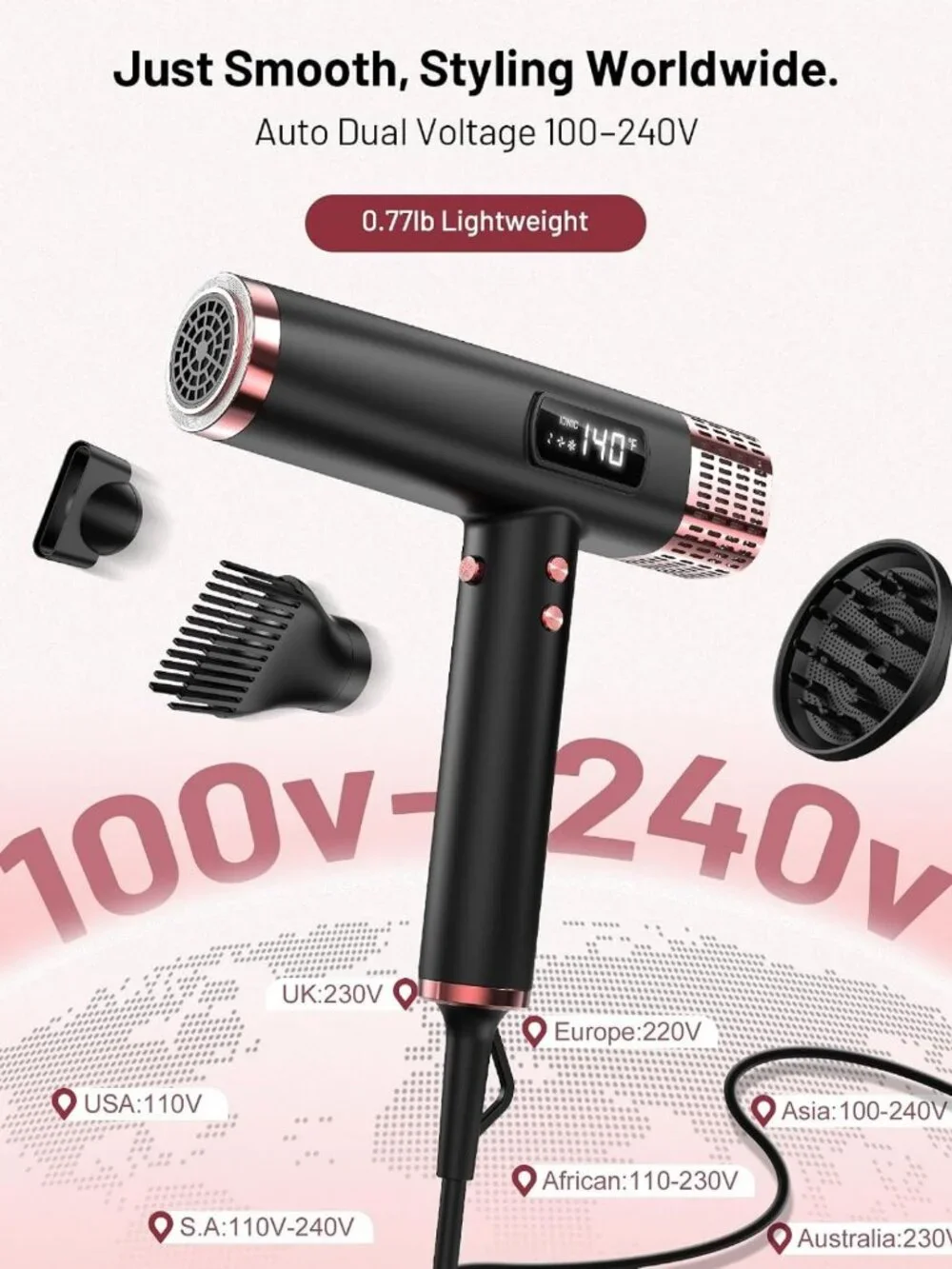 Compact Travel Hair Dryer with Diffuser, Lightweight Dual Voltage Blow Dryer